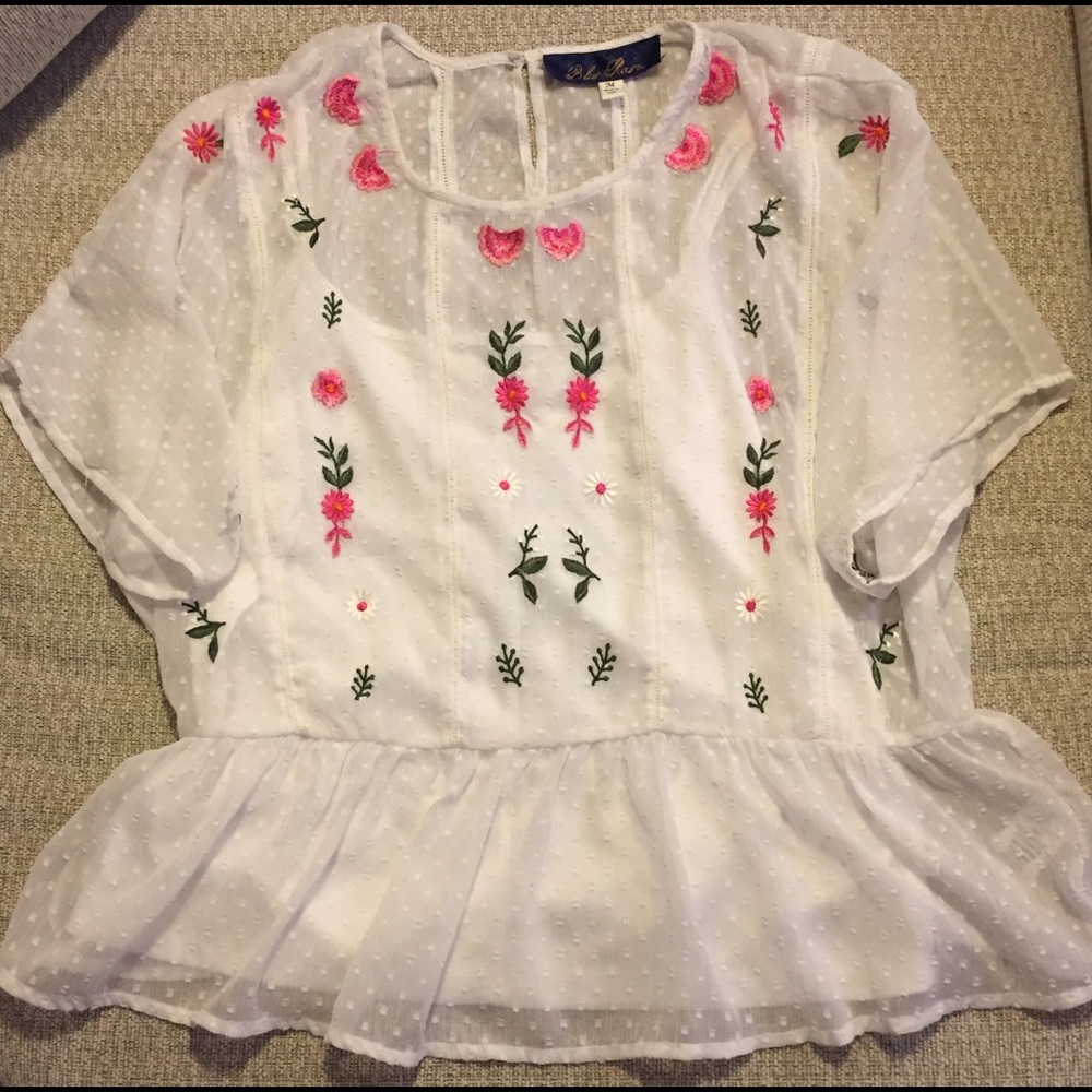 BLUE RAIN Swiss Dot EMBROIDERED Floral BLOUSE  M